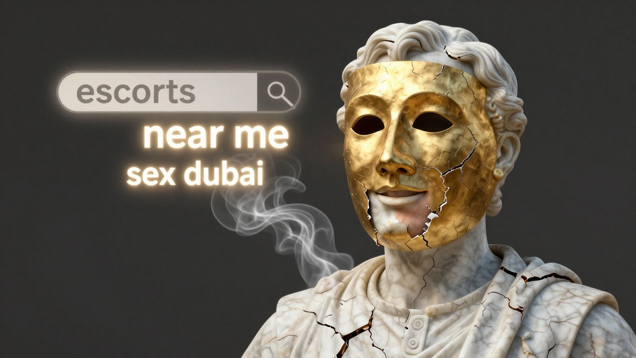 A politician&#039;s mask cracking away to reveal a real human face, surrounded by fading search terms.