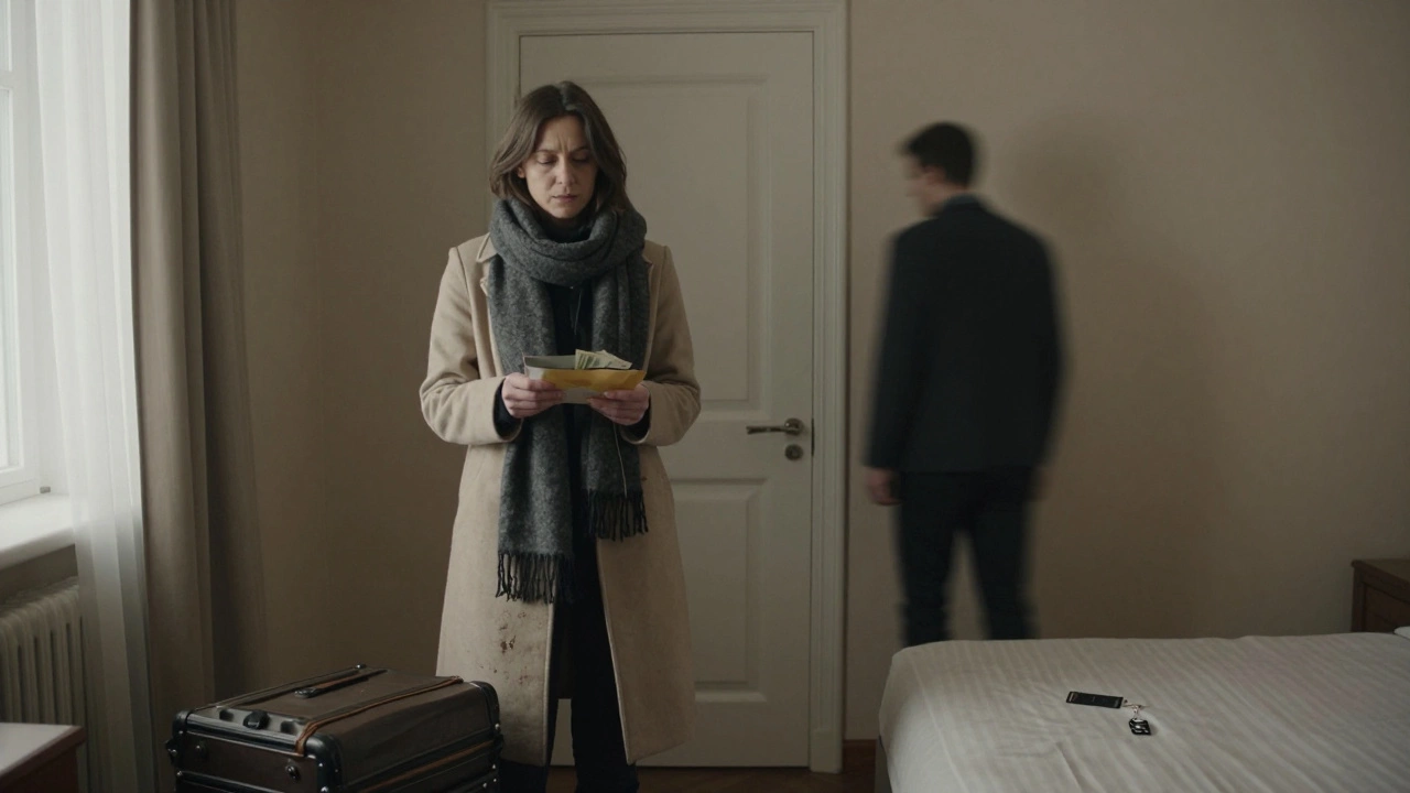 A woman in a hotel room handing over cash to an unseen client, suitcase open on the bed.