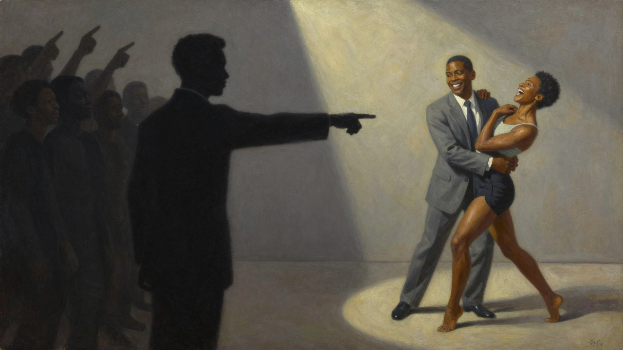 Symbolic painting contrasting societal judgment with authentic human joy under a spotlight.