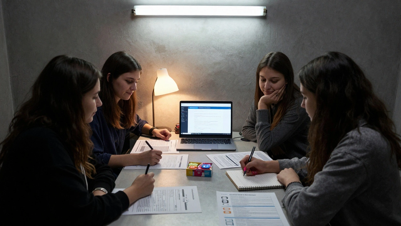 Three women in a secret support group reviewing resumes and receiving basic job training.